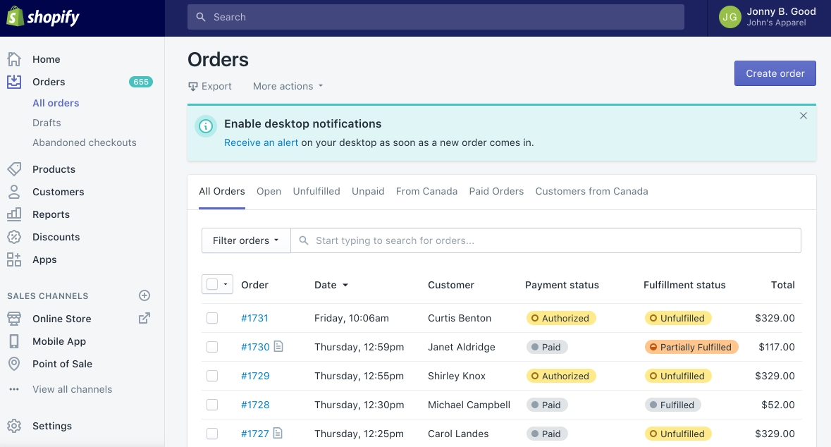 Shopify-admin dashboard