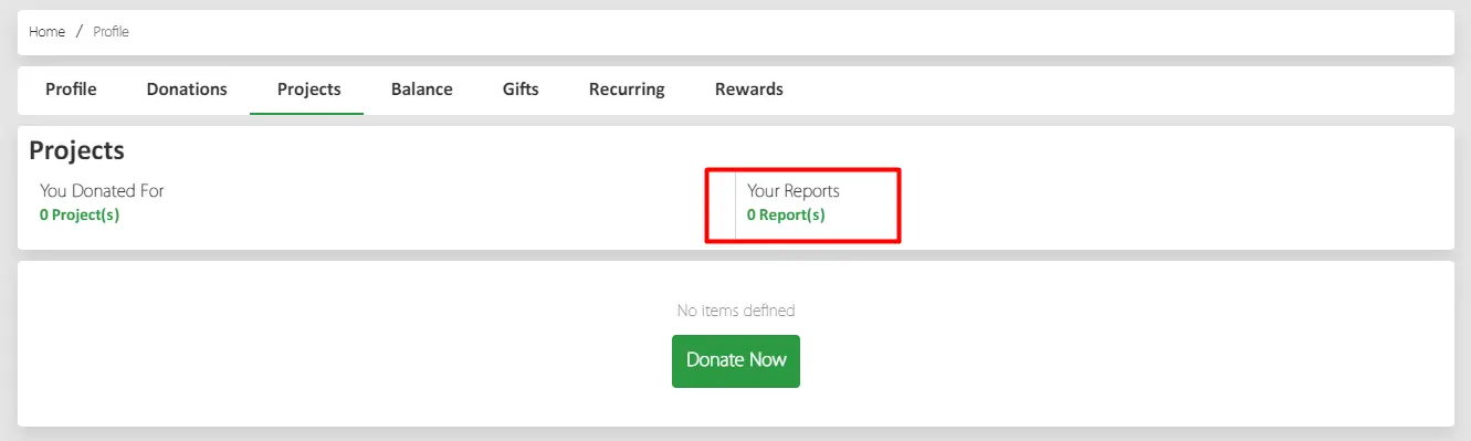 In the donor’s personal account, there is a dedicated section for reports.