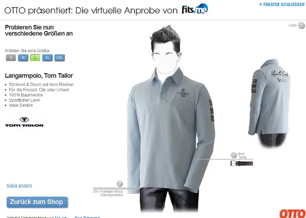 Virtual fitting room from Fits.me on the OTTO website