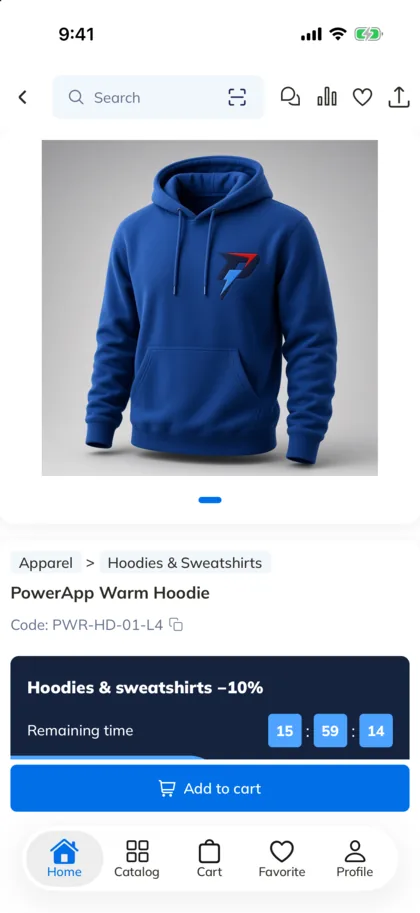 PowerApp product page: discounted hoodie with a sale timer